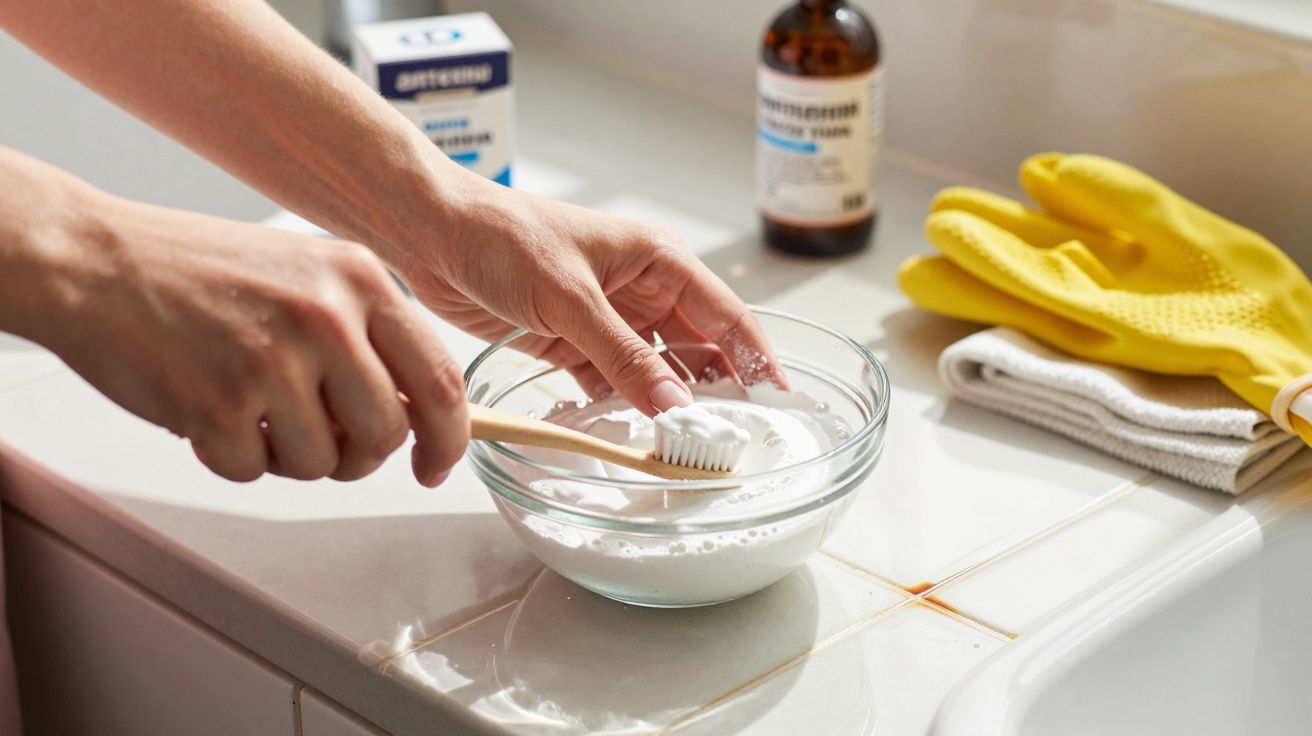 Hands mixing cleaning solution in a bowl with a toothbrush; gloves and cleaning supplies in the background.