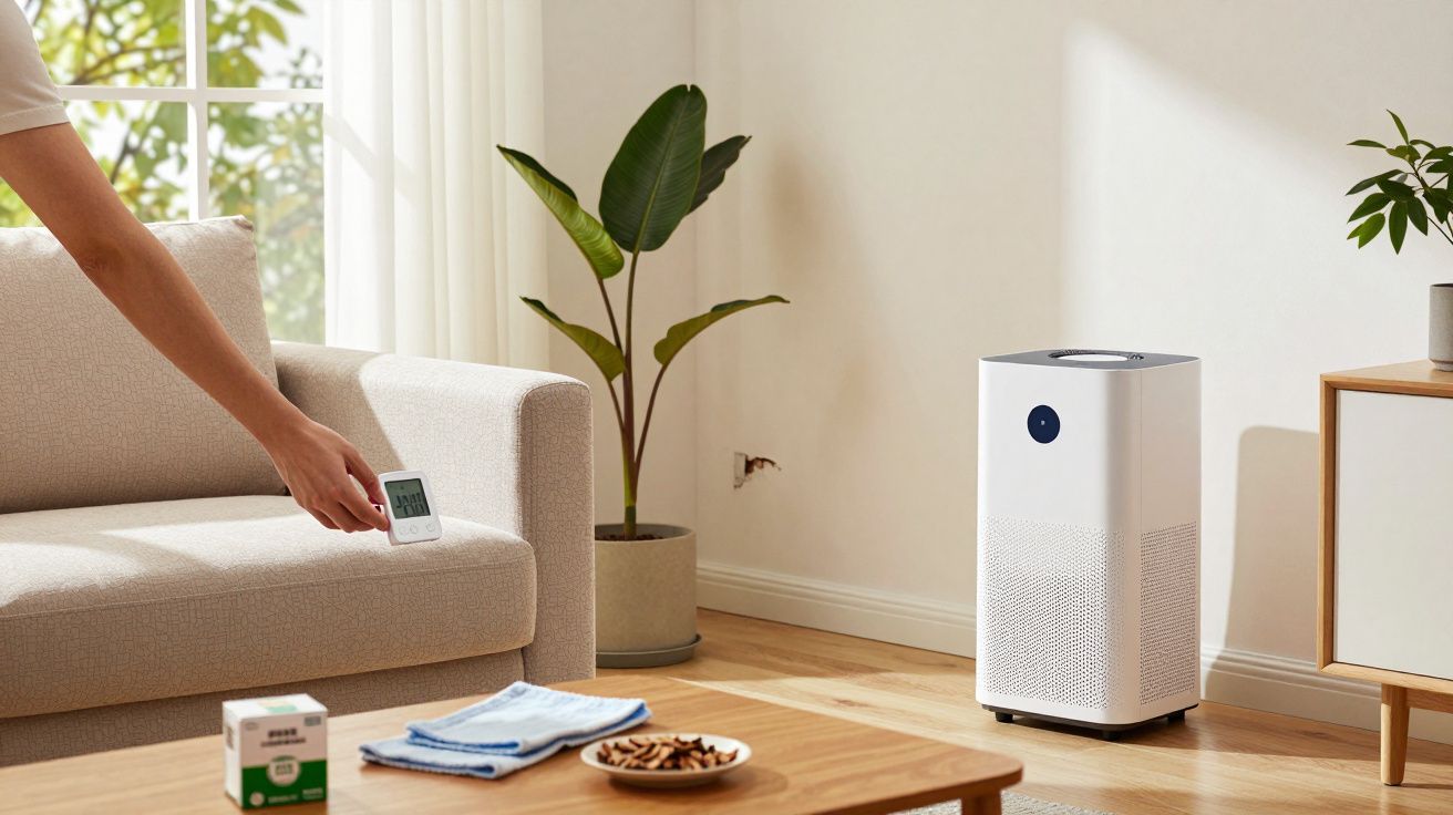 Person adjusting a digital device on a couch in a living room with an air purifier and potted plants.