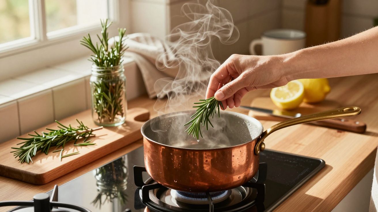 Hand adding fresh rosemary to steaming copper pot on stove in bright kitchen.
