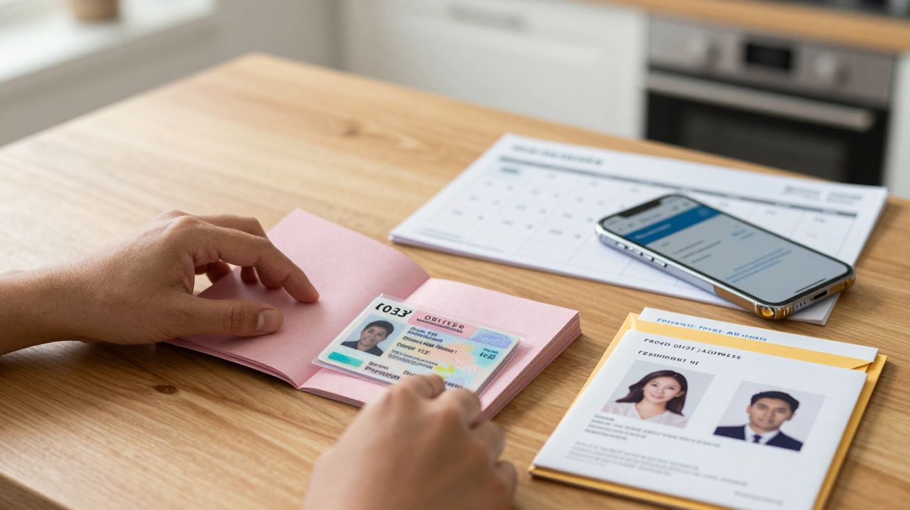 Person examining passport at desk with smartphone, ID papers, and a calendar nearby.